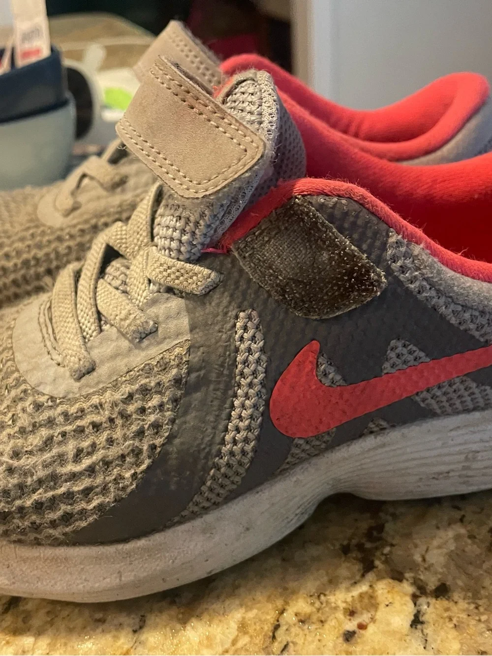 Nike Kids Gray and Coral Athletic Sneakers with Hook-and-Loop Strap